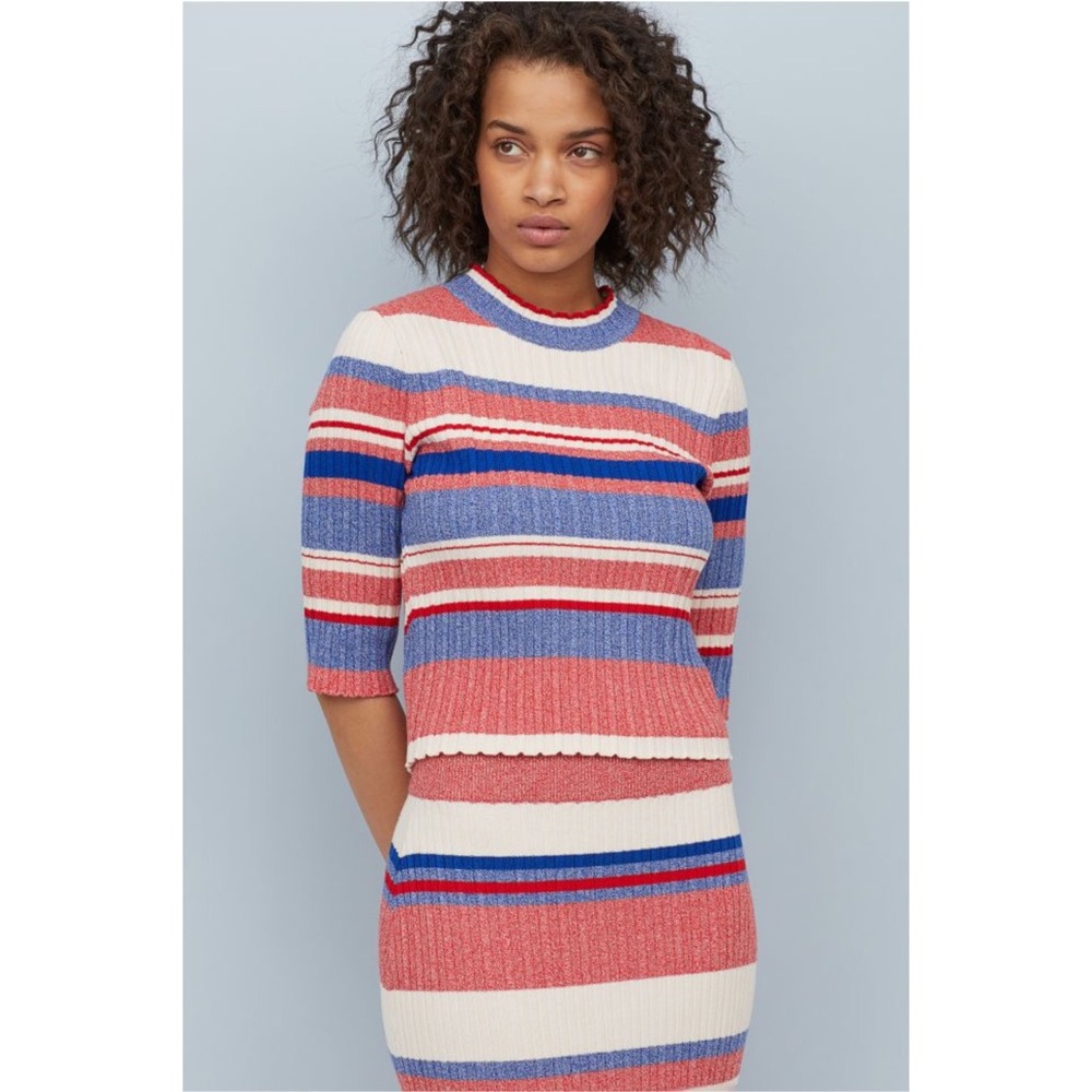 H&M Red & Blue Ribbed Cropped Shirt